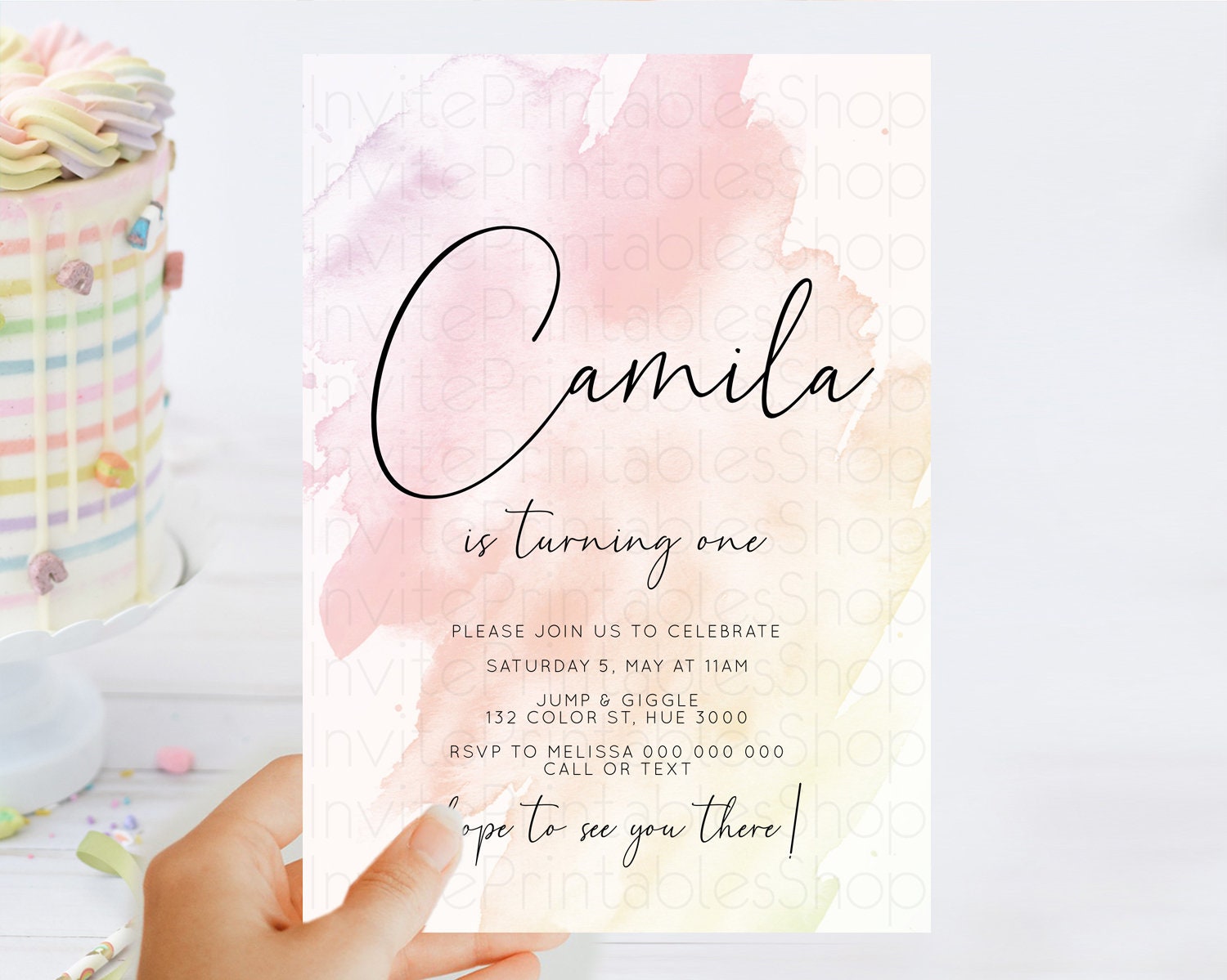 Editable Pink Birthday Invitation pink Watercolor Invitation Pastel pink Wat