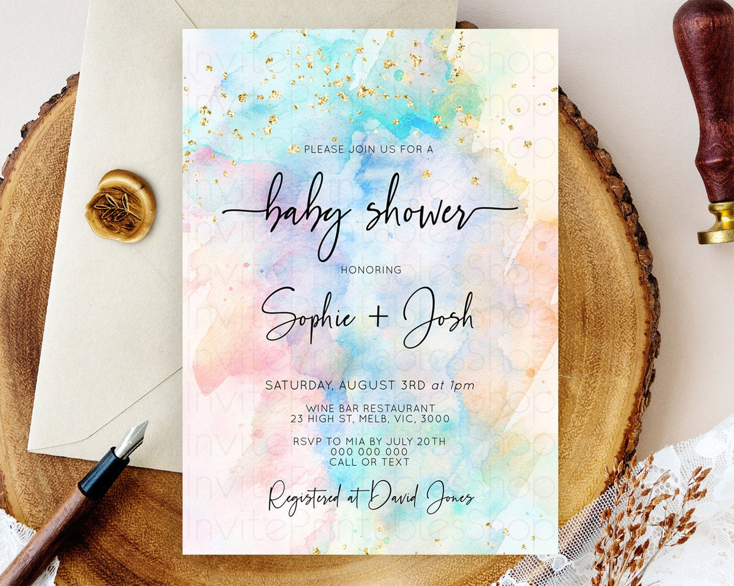 Pastel Baby Shower Invitation Rainbow Baby Shower Invitation Colorful Pastel Watercolor Invitation Gold Glitter Sprinkles Ombre D10260