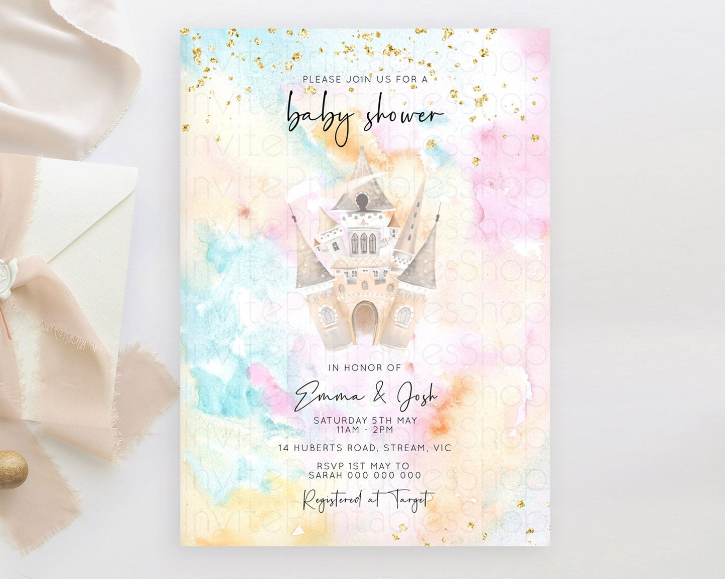 Princess Baby Shower Princess Invitation Pastel Watercolor Invitation Royal Baby Invitation Rainbow Colorful Enchanted Castle D11029