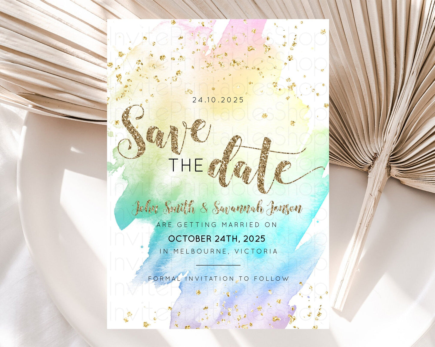 Pastel Save The Date Template Pastel Ombre Rainbow Watercolor Colorful Party For Birthday Baptism Baby Shower Wedding Bridal Shower D10259
