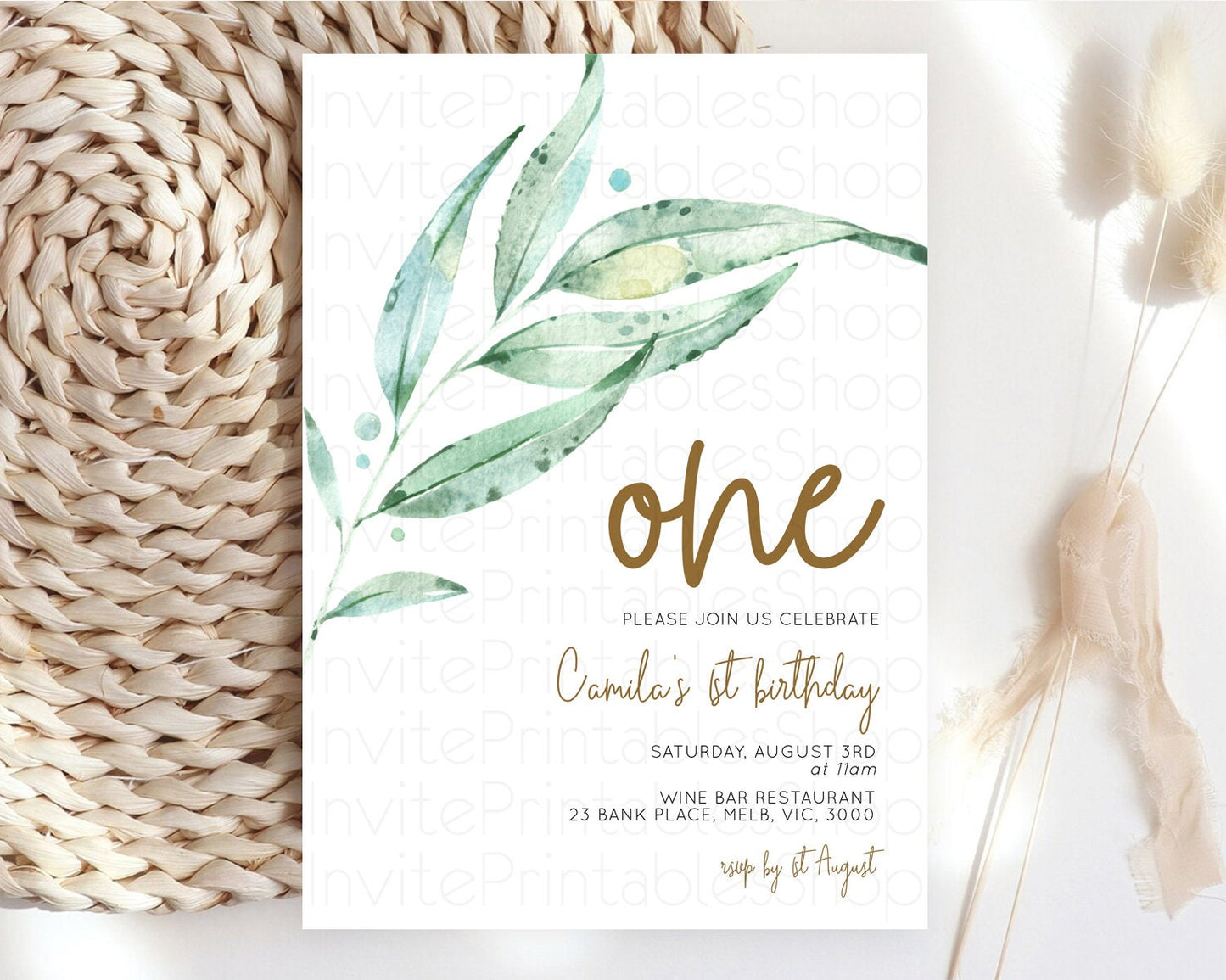 Leafy Birthday Invitation Leafy Invitation Simple Greenery Invitation Eucalyptus Fern Spray Leaves Minimal Green Leaf Watercolour D11014