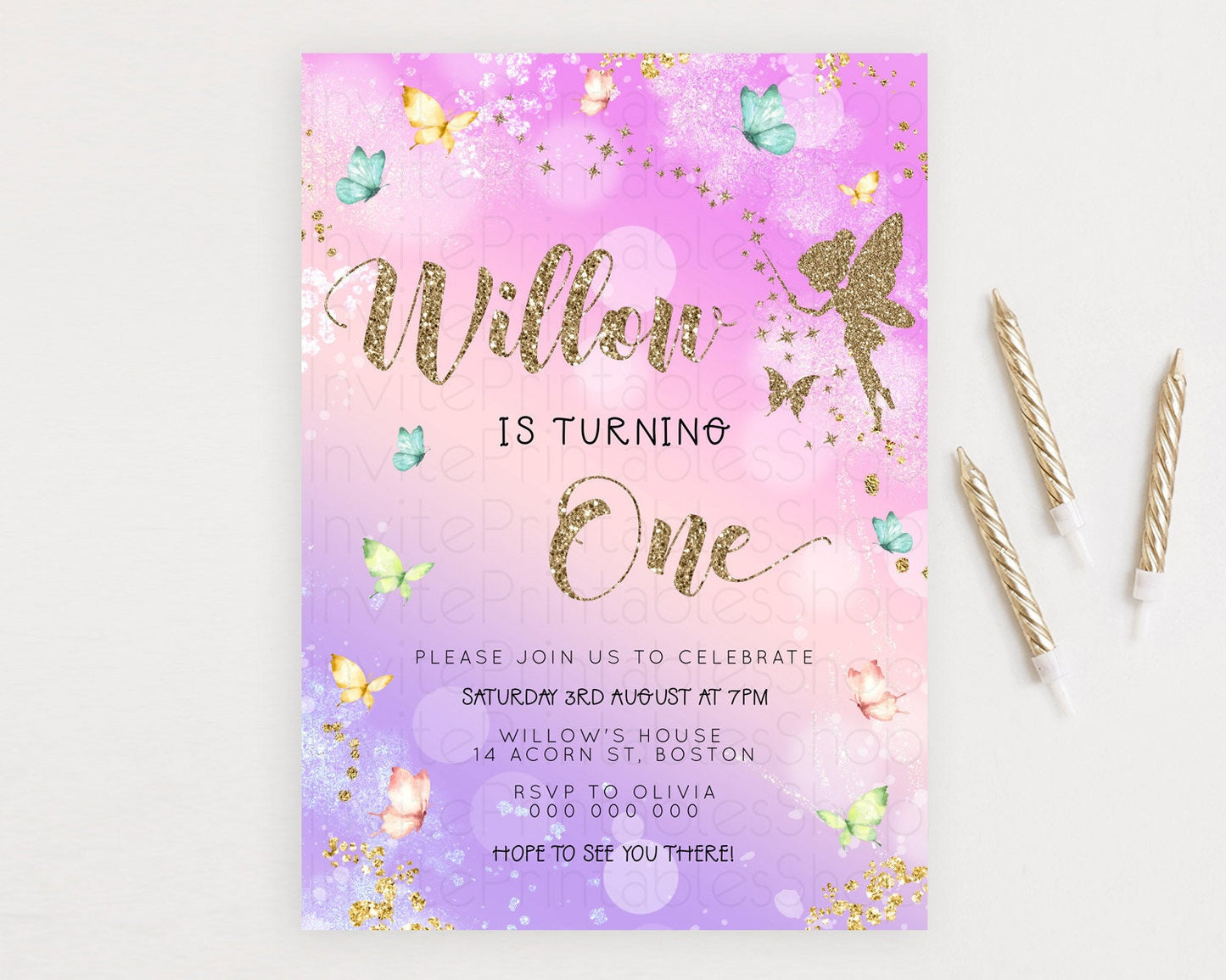 Pastel Fairy Birthday Invitation Pastel Butterflies Fairy Birthday Invitation Rainbow Ombre Watercolor 1st 2nd Birthday Invitation D23164