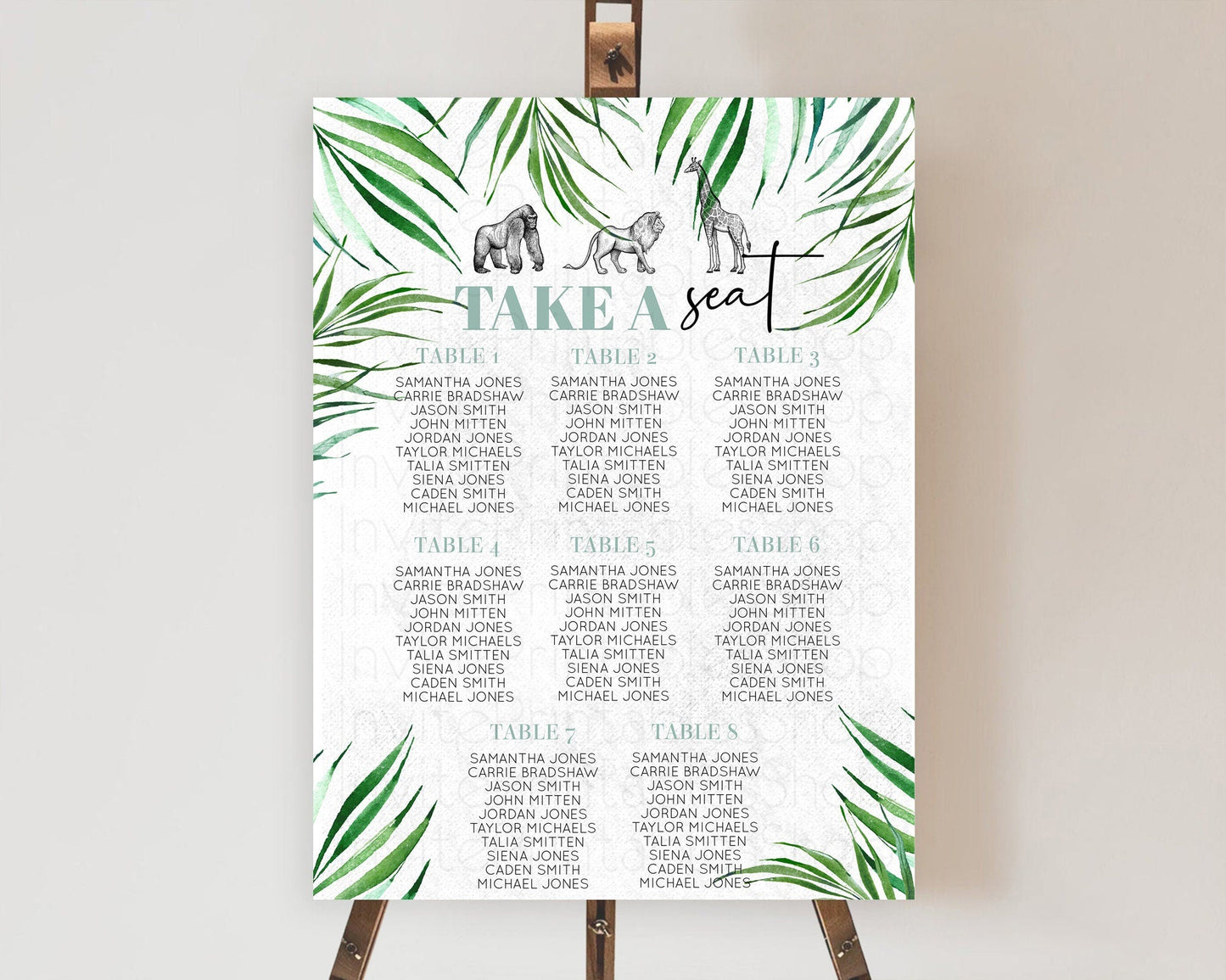 Safari Seating Chart Lion Gorilla Elephant Rhino Tropical Palm Decor Jungle Safari Adventure Zoo Take A Seat Sign D10853