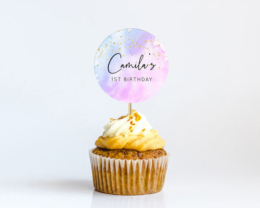 Editable Purple Cupcake Toppers Purple Watercolor Cupcake Topper Pastel Purp
