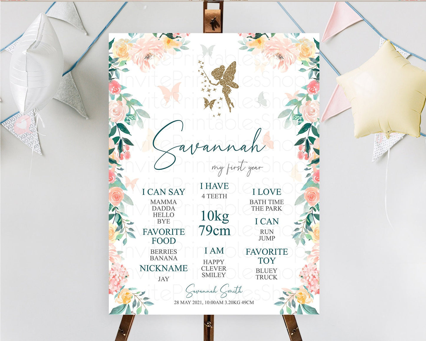 Fairy First Birthday Milestone Poster Fairy Secret Garden Milestone Board Enchanted Garden Pastel Floral Butterfly 1st Birthday Sign D10239