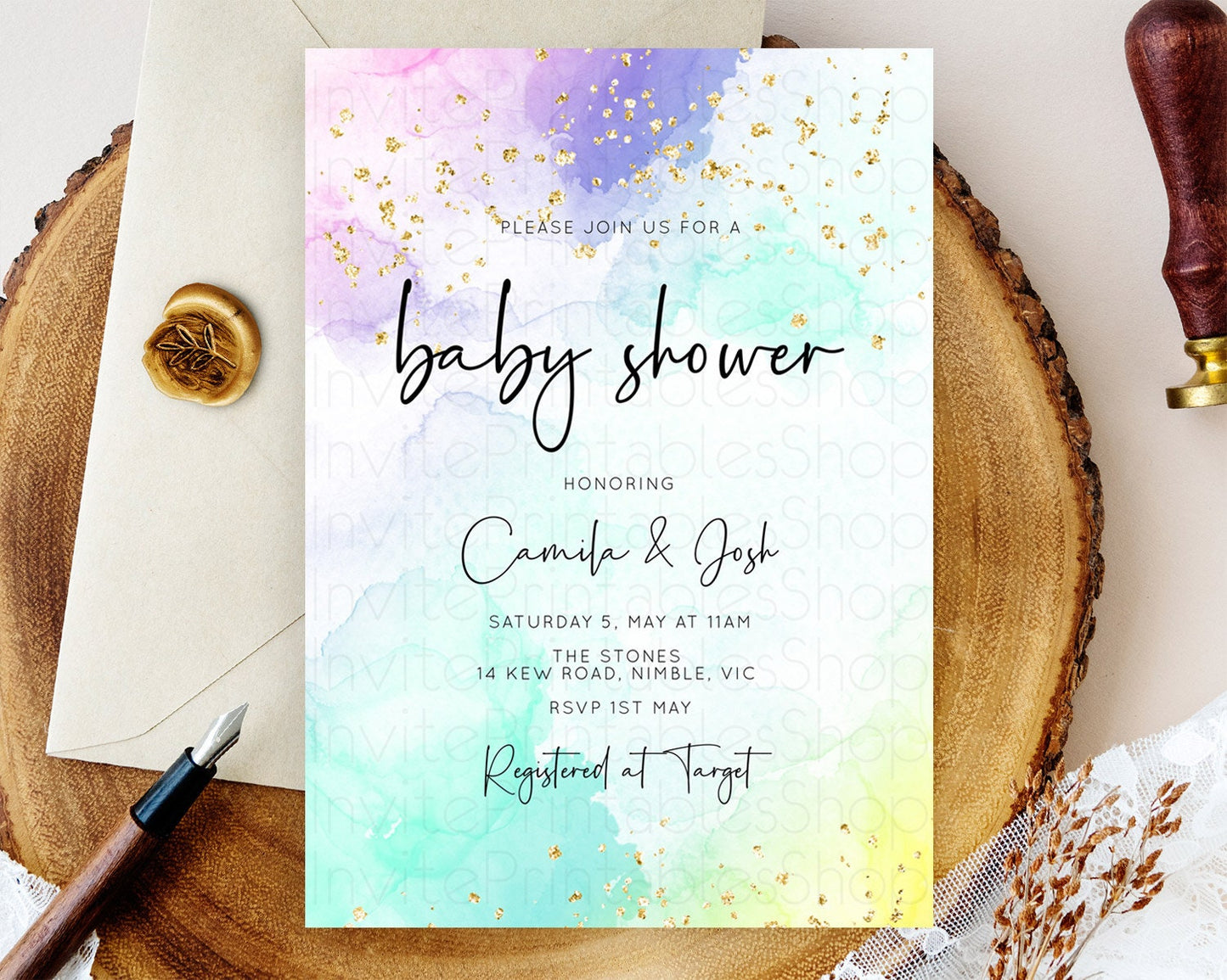Pastel Rainbow Baby Shower Invitation, Colorful Watercolor Splash, Soft Pastel with Gold Glitter Sprinkles - Purple, Teal, Pink Ombre D10158