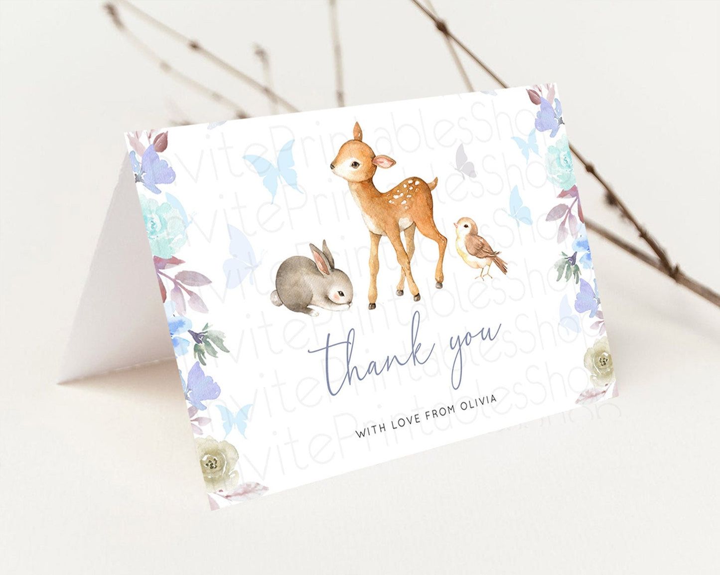 Fawn Thank You Deer Thank You Card Pastel Floral Deer Birthday Thank You Card Enchanted Forest Butterfly Deer Teacher Thank You Card D10929