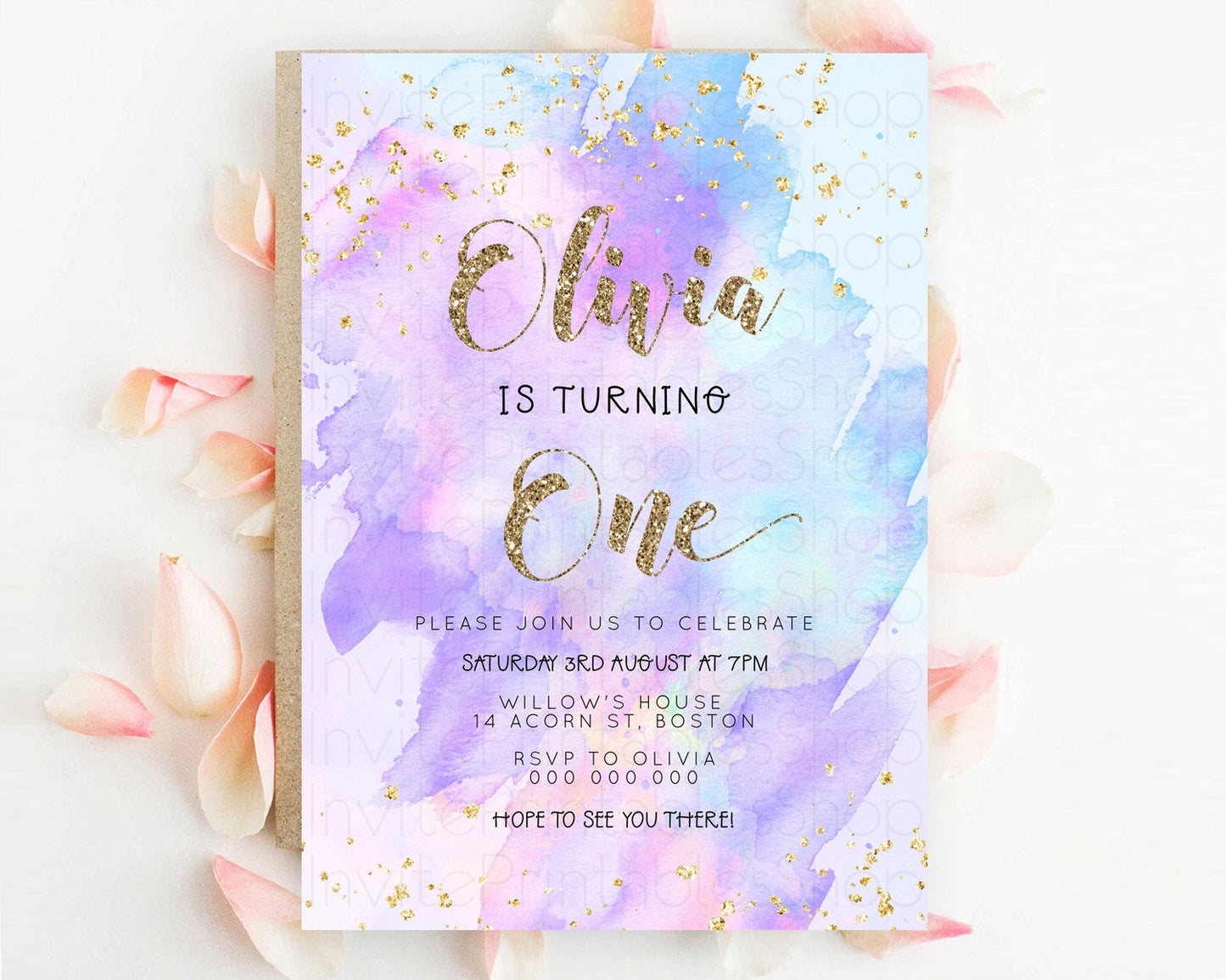 Rainbow Birthday Invitation Colorful Pastel Watercolor Invitation Gold Glitter Sprinkles Ombre Pastel 1st 2nd 3rd Birthday D23296