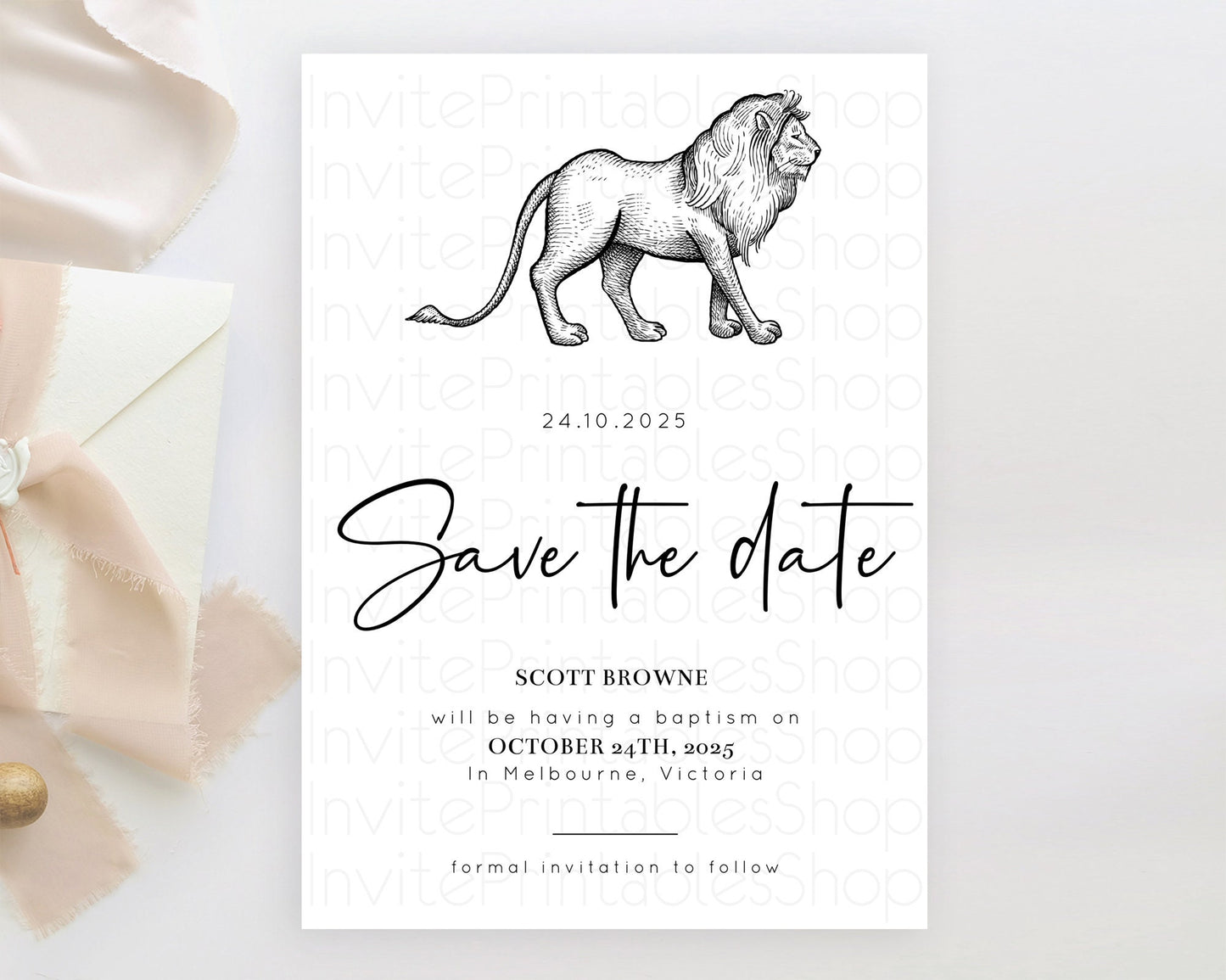 Lion Save The Date Template Lion Safari Adventure Party Dried Palm Ferns Zoo 1st Birthday Baptism Baby Shower Bridal Shower Wedding D10246