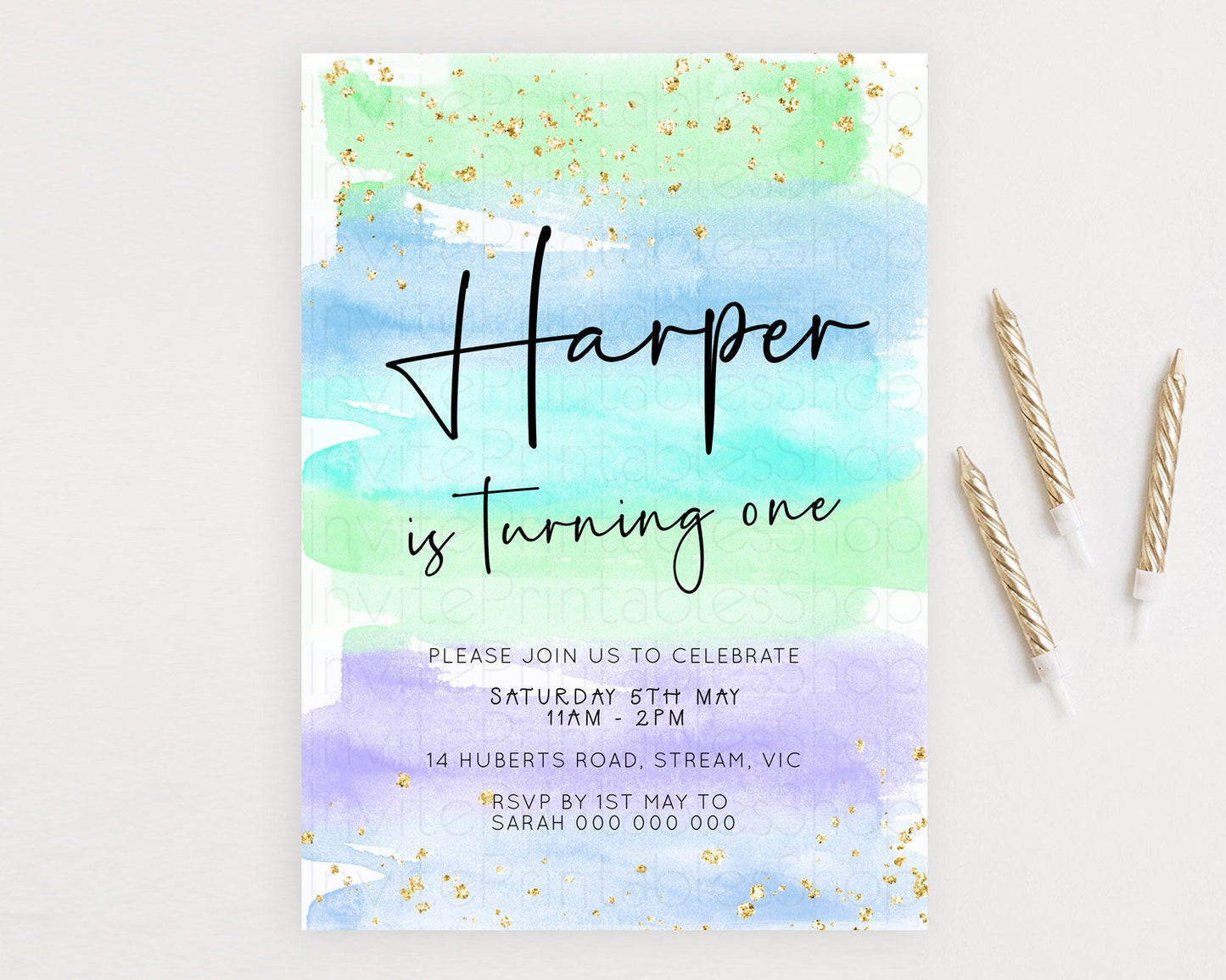 Pastel Birthday Invitation Ombre Watercolor Birthday Invitation Glitter Rainbow Color Splash 1st 2nd 3rd Birthday Invitation D23043