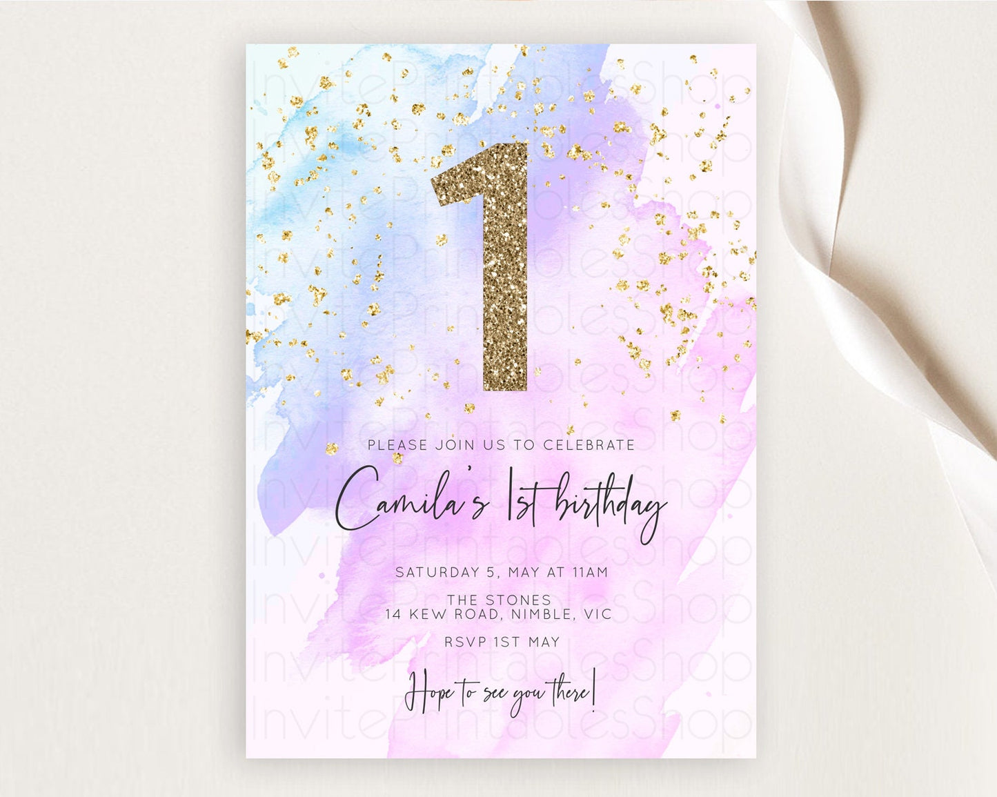 Purple Birthday Invitation Purple Watercolor Invite Pastel Purple Watercolor Invitation Purple Splash Gold Invitation First Birthday D10169