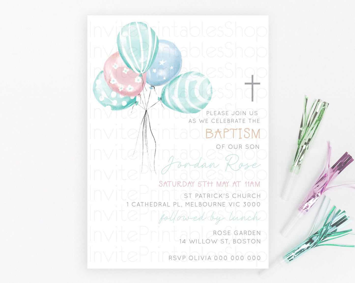 Balloon Baptism Invitation Pastel Baptism 1st Birthday Invitation Pastel Balloon Christening Invite Colorful Rainbow Balloon Invites D22997