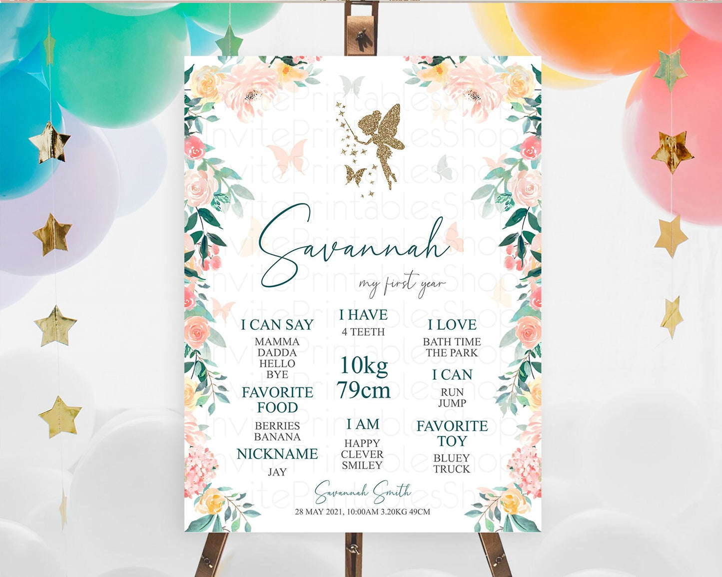 Fairy First Birthday Milestone Poster Fairy Secret Garden Milestone Board Enchanted Garden Pastel Floral Butterfly 1st Birthday Sign D10239