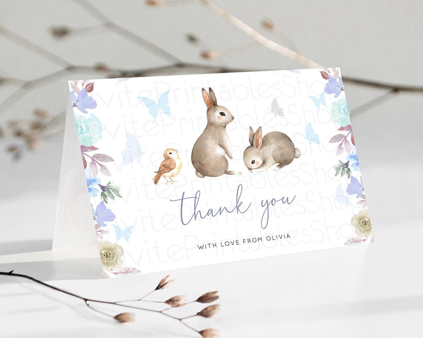 Editable Bunny Thank You Floral Bunny Thank You Card Pastel Flowers Bunny Bi