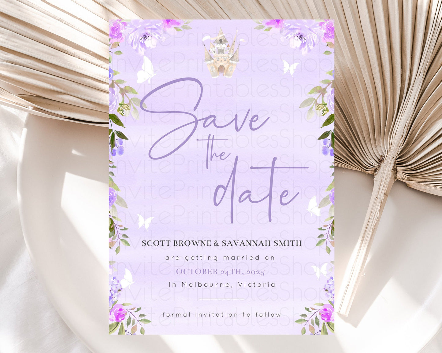 Princess Save The Date Template Secret Garden Enchanted Castle Pastel Floral Royal Party For 1st Birthday Baptism Baby Shower D10339