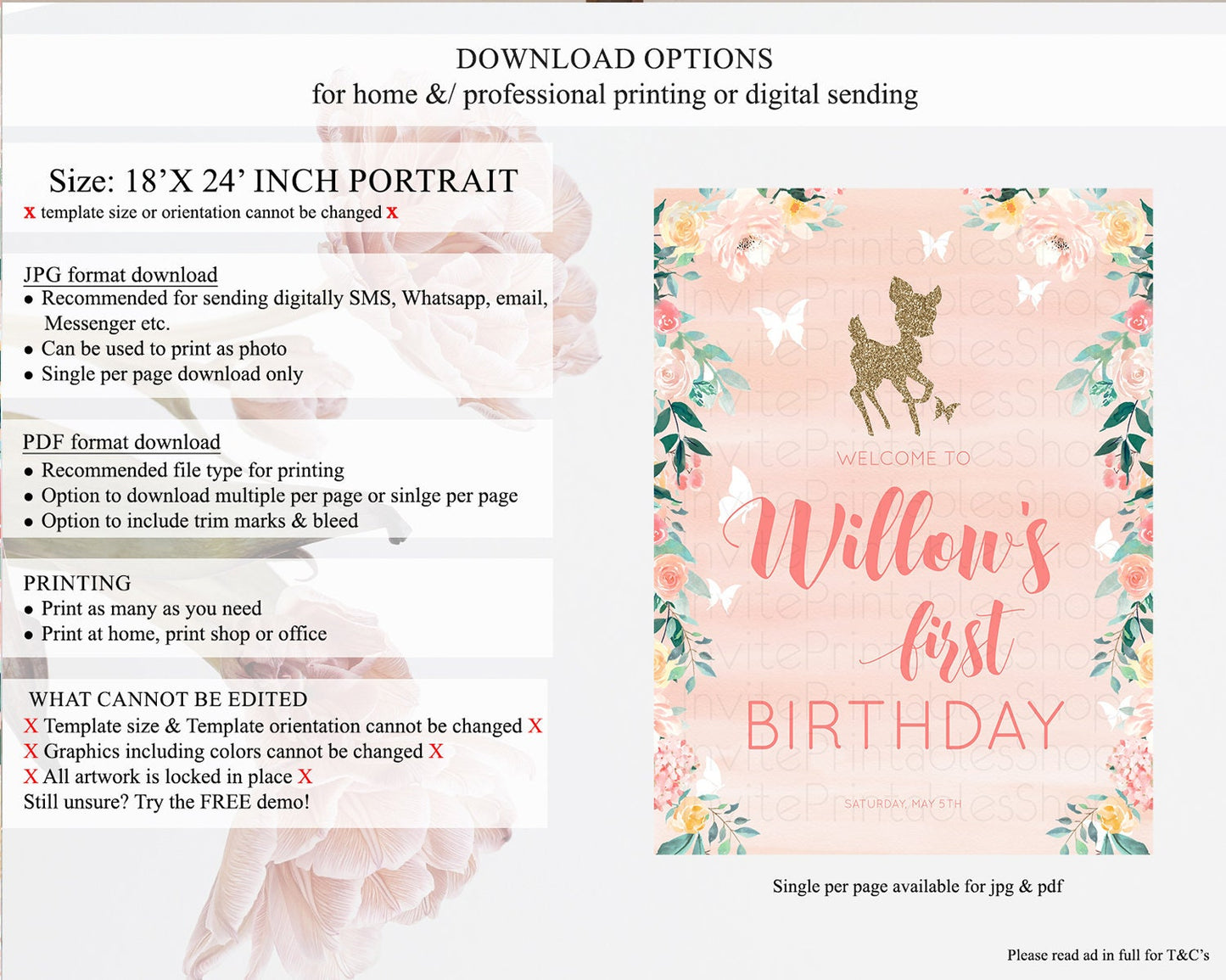 Fawn Welcome Sign Deer Welcome Board Floral Deer Welcome Poster Enchanted Forest Butterfly Pastel Floral First Birthday Welcome Sign D10873