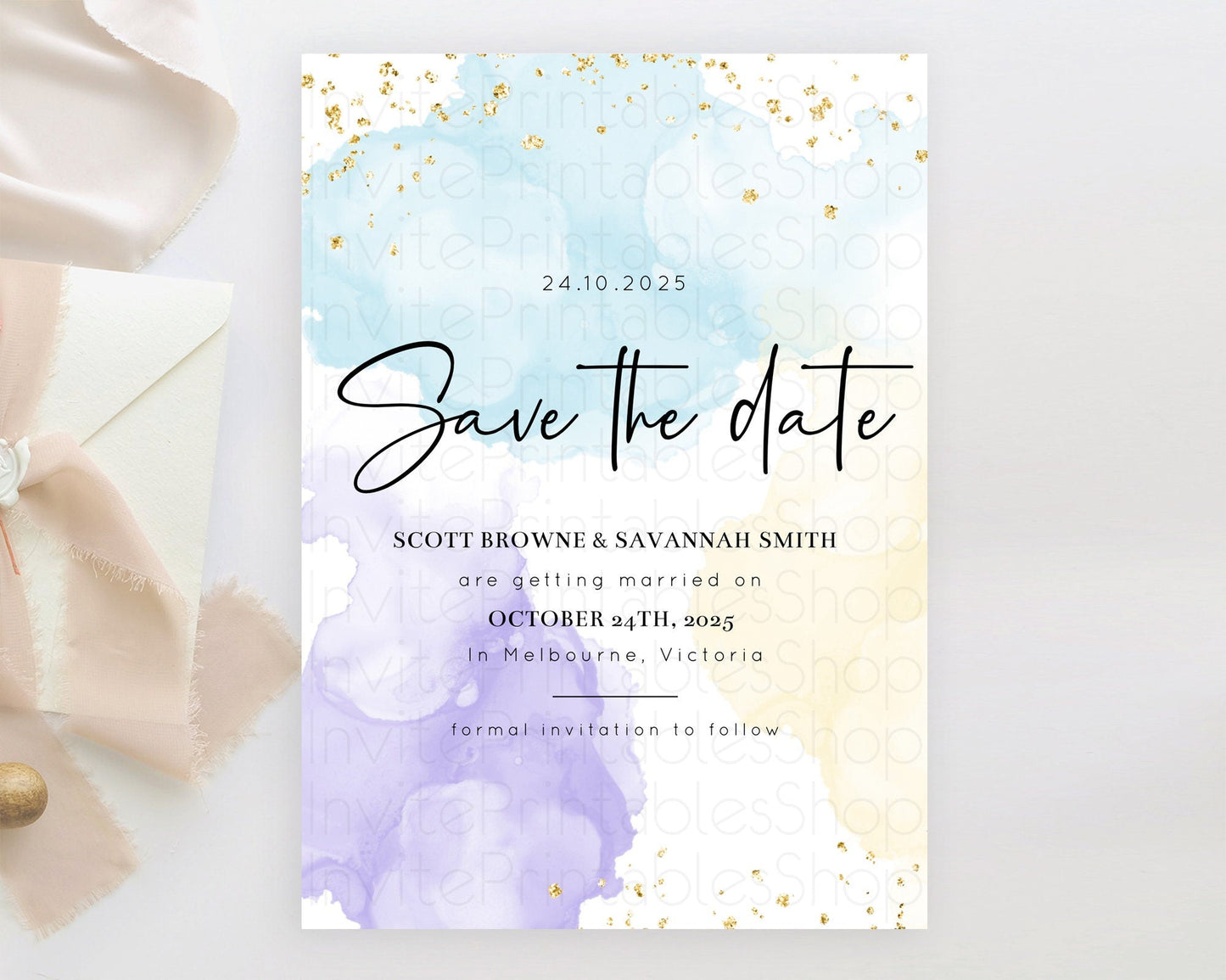 Pastel Save The Date Template Pastel Ombre Rainbow Watercolor Colorful Party For Birthday Baptism Baby Shower Wedding Bridal Shower D10208