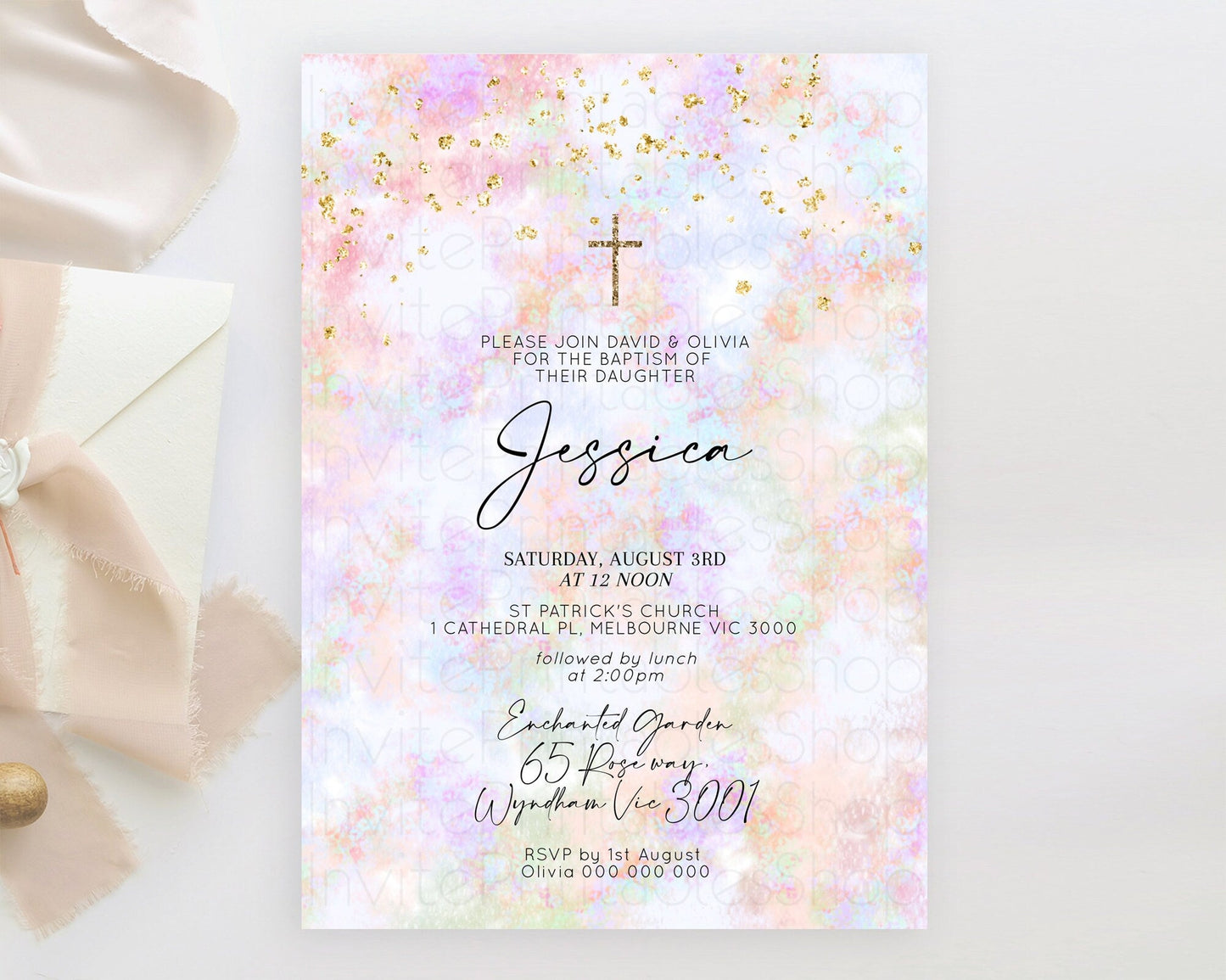 Pastel Baptism Invitation Pastel Colors Watercolor Baptism 1st Birthday Party Gold Ombre Pastel Rainbow Christening Holy Communion D10649