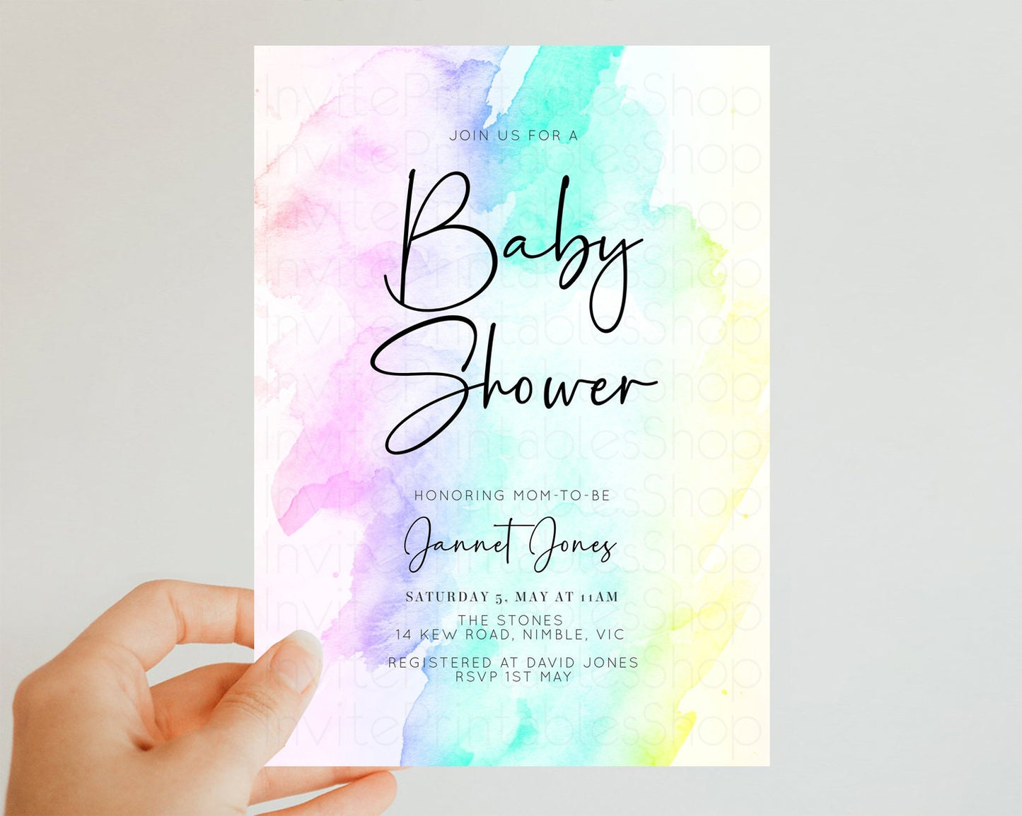 Rainbow Baby Shower Invitation Pastel Baby Sower Invite Colorful Splash Invite Sprinkle Confetti Watercolor Ombre Baby Shower Invite F210