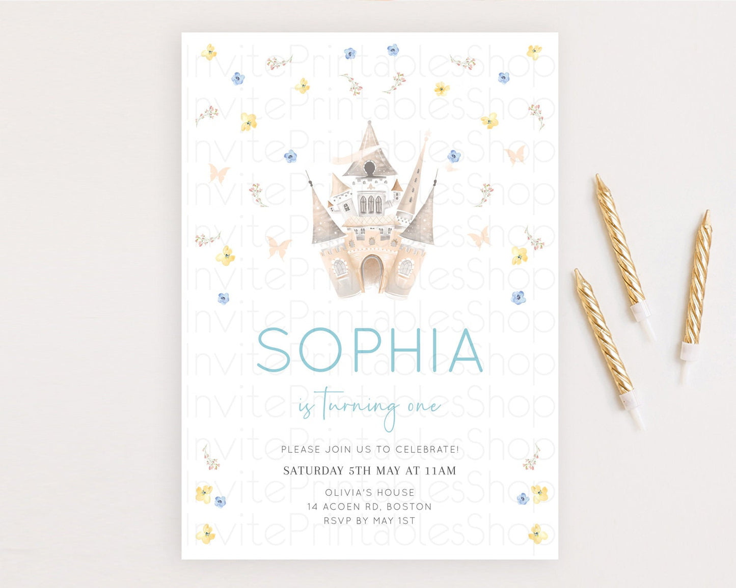 Princess Birthday Invitation Castle Invitation Royal Birthday Fairy Tale Enchanted Castle Pastel Floral Garden 1st First Birthday D10365