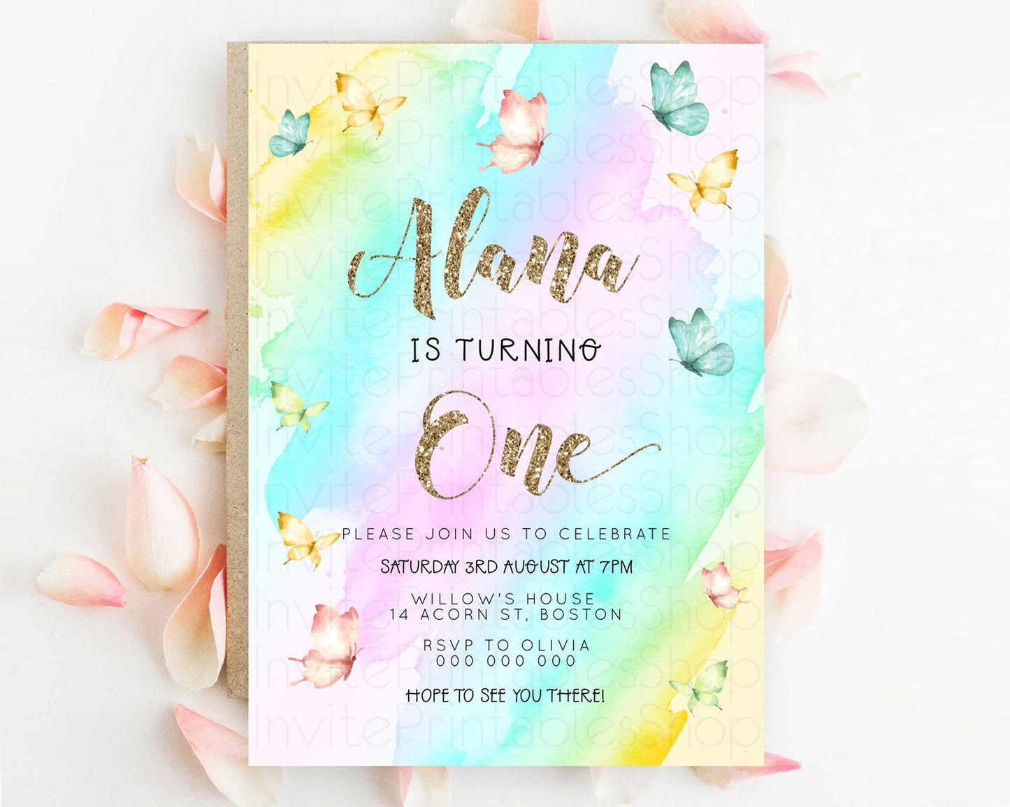 Pastel Butterfly Birthday Invitation Butterfly Birthday Invitation Colorful Splash Glitter Butterfly Garden 1st 2nd Birthday D23238