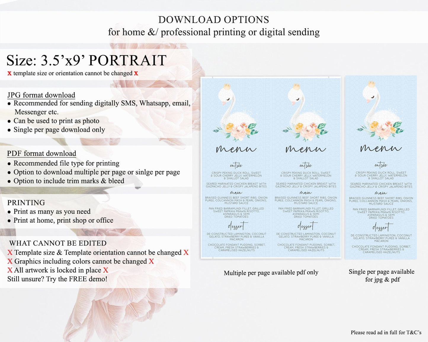 Swan Menu Swan Princess Ballet Menu Template Enchanted Swan Lake Table Decor Secret Garden Pastel Floral Dinner Dessert Food Menu D10903
