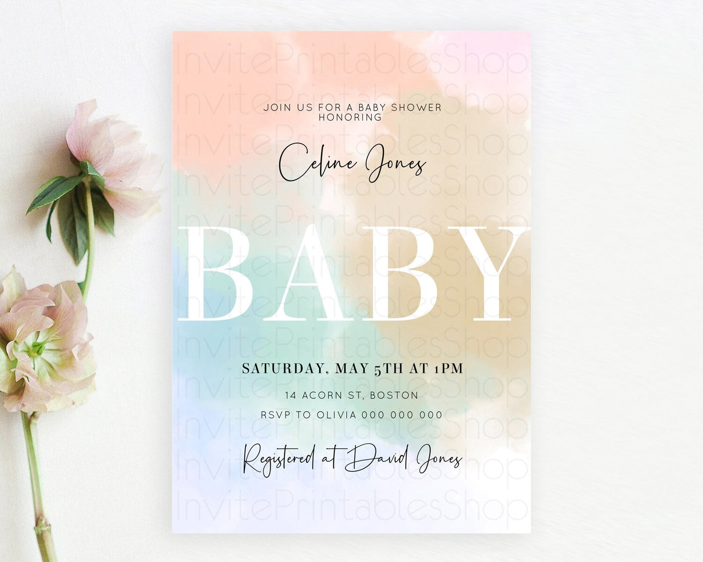 Pastel Baby Shower Invitation Rainbow Baby Shower Invitation Colorful Pastel Watercolor Invitation Gold Glitter Sprinkles Ombre D10370