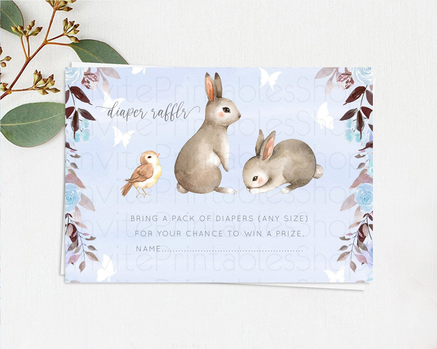 Bunny Diaper Raffle Card Floral Bunny Diaper Raffle Insert Pastel Flowers Woodland Bunny Diaper Ticket Forest Bunny Raffle Game D10923