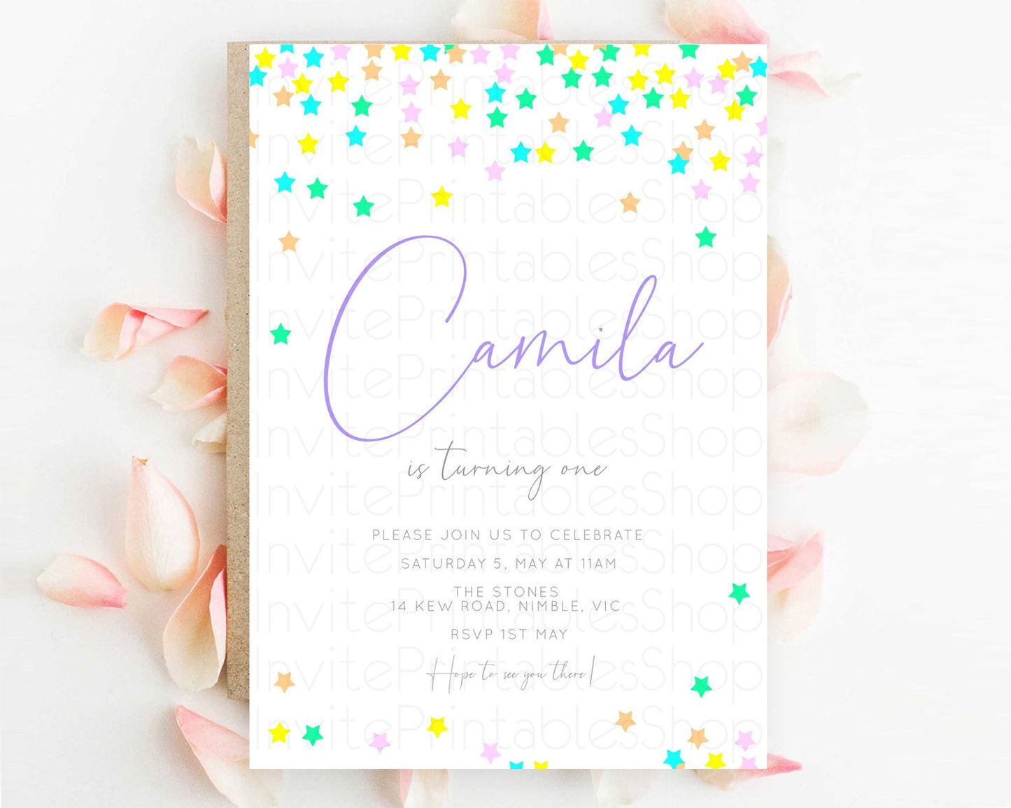 Star Birthday Invitation Pastel Stars Invite Shooting Star Party Rainbow Colorful Confetti Twinkle Little Star 2nd First Birthday D10394