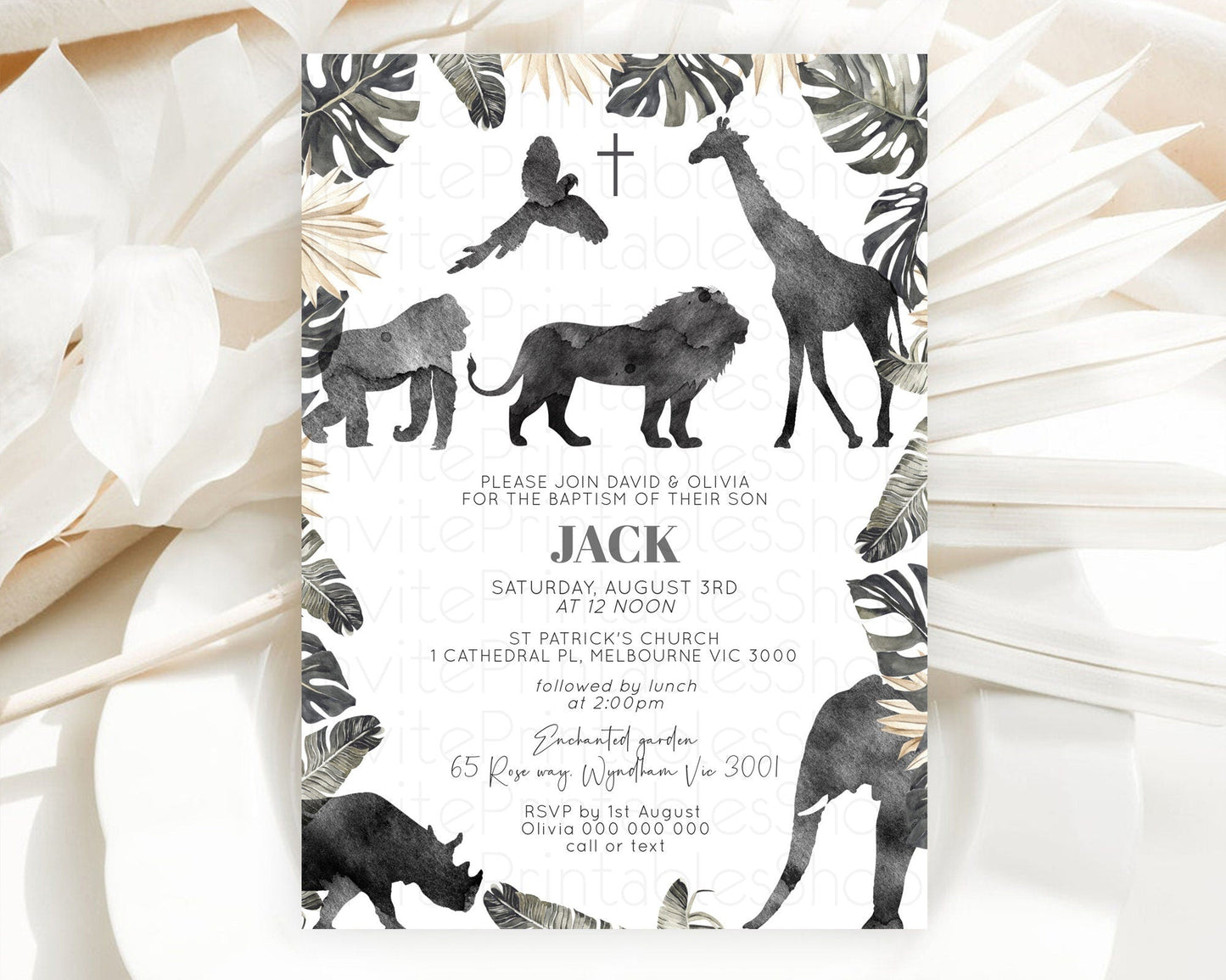 Safari Baptism Invitation Safari Adventure Baptism Birthday Invitation Lion Gorilla Elephant Rhino Tropical Palm Jungle Adventure D10865