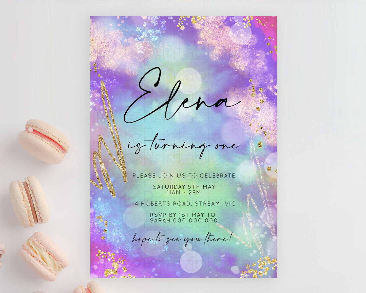 Rainbow Birthday Invitation Colorful Pastel Watercolor Invitation Gold Glitter Sprinkles Ombre Pastel 1st 2nd 3rd Birthday D10680