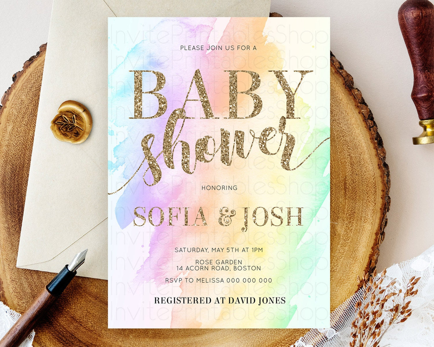 Pastel Baby Shower Invitation Rainbow Baby Shower Invitation Colorful Pastel Watercolor Invitation Gold Glitter Sprinkles Ombre D10643