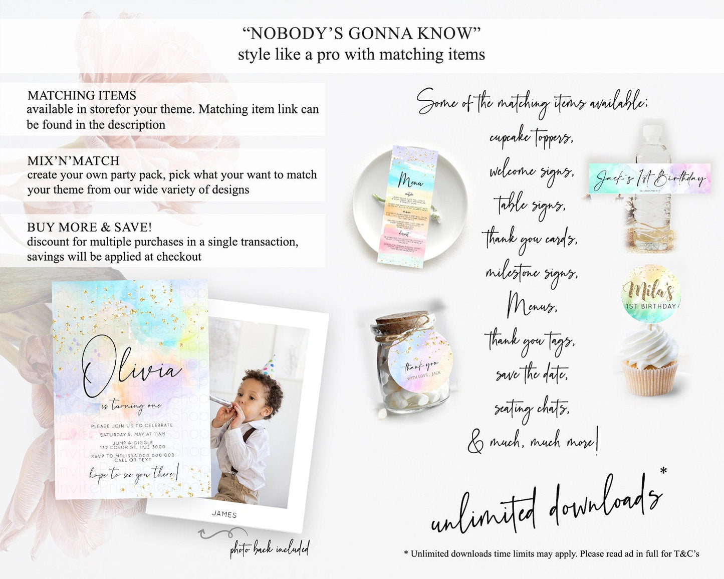 Rainbow Birthday Invitation Colorful Pastel Watercolor Invitation Gold Glitter Sprinkles Ombre Pastel 1st 2nd 3rd Birthday D10769