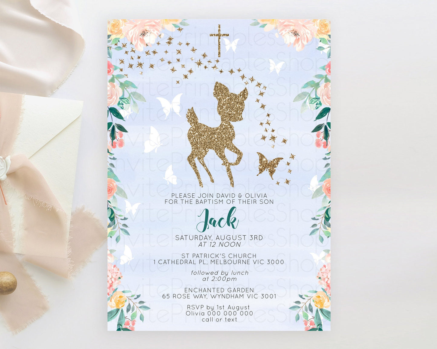 Fawn Baptism Invitation Deer Baptism 1st Birthday Invitation Enchanted Forest Christening Invitation Pastel Garden Butterfly Floral D10875