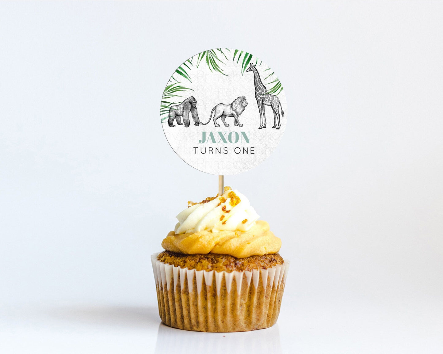 Safari Cupcake Toppers Lion Gorilla Elephant Rhino Tropical Palm Decor Jungle Safari Adventure Zoo Cupcake Topper First Birthday D10853