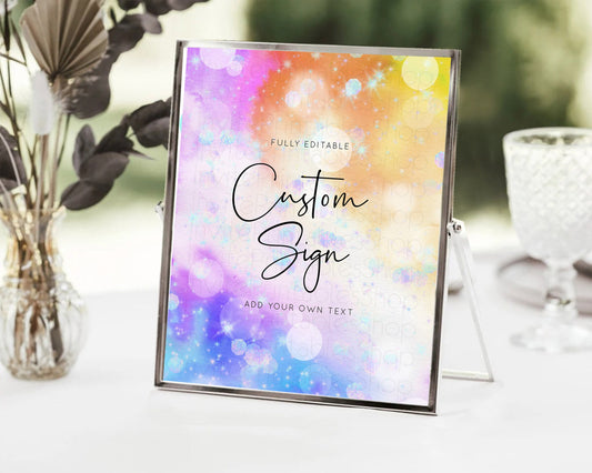 Editable Colorful Ombre Table Sign Decor Pastel Rainbow Watercolor Iridescen