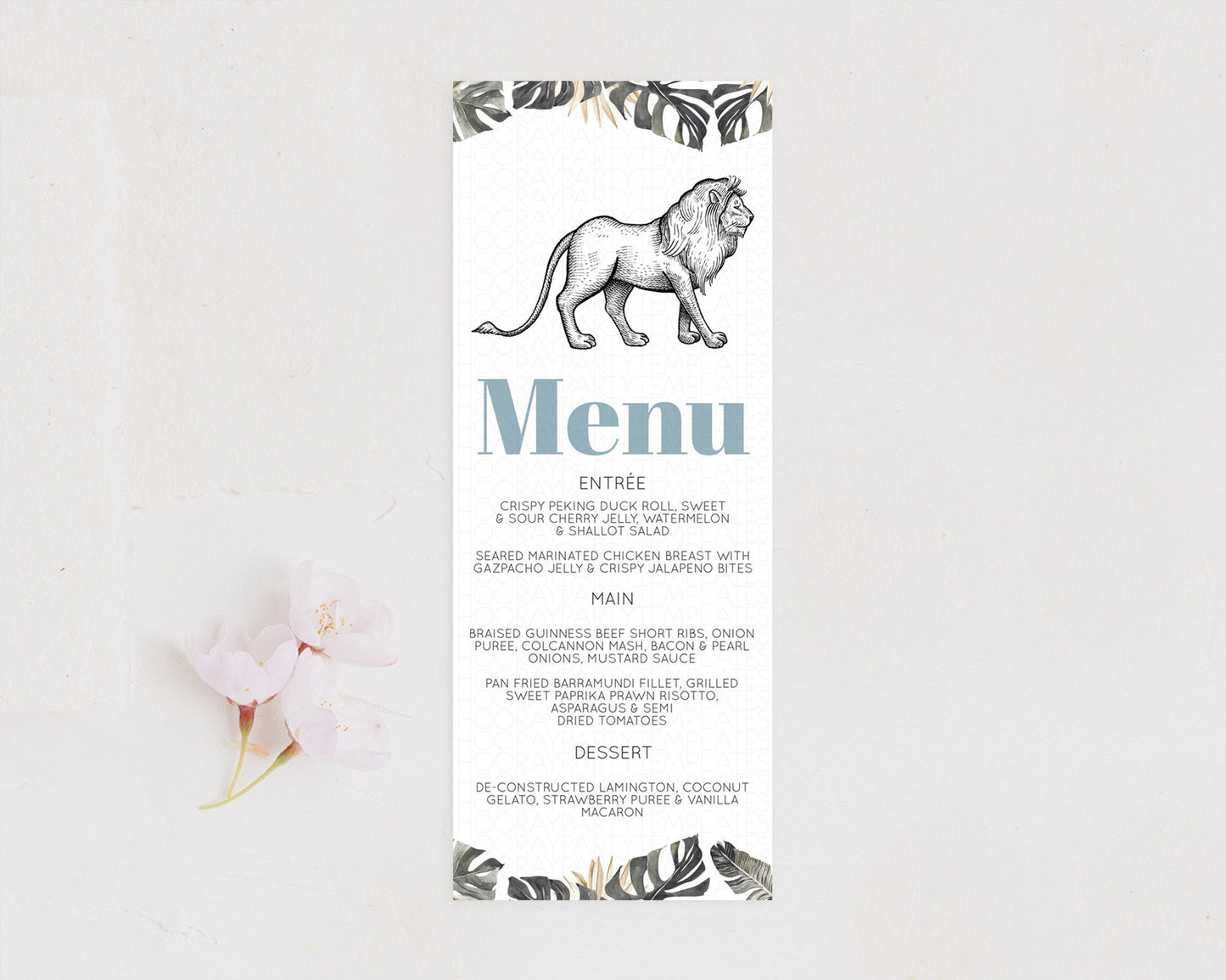 Lion Menu Lion Menu Template Lion Party Table Decor Safari Adventure Lion Menu Dried Palm Fern Lion Dinner Dessert Party Food Menu D10807