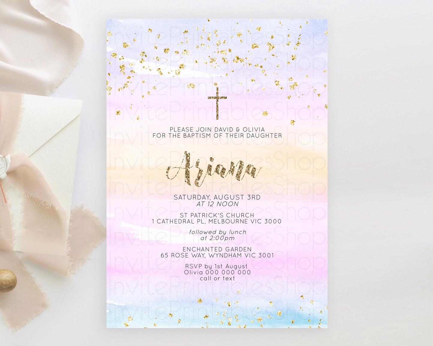 Pastel Baptism Invitation Pastel Colors Watercolor Baptism 1st Birthday Party Gold Ombre Pastel Rainbow Christening Holy Communion D10595