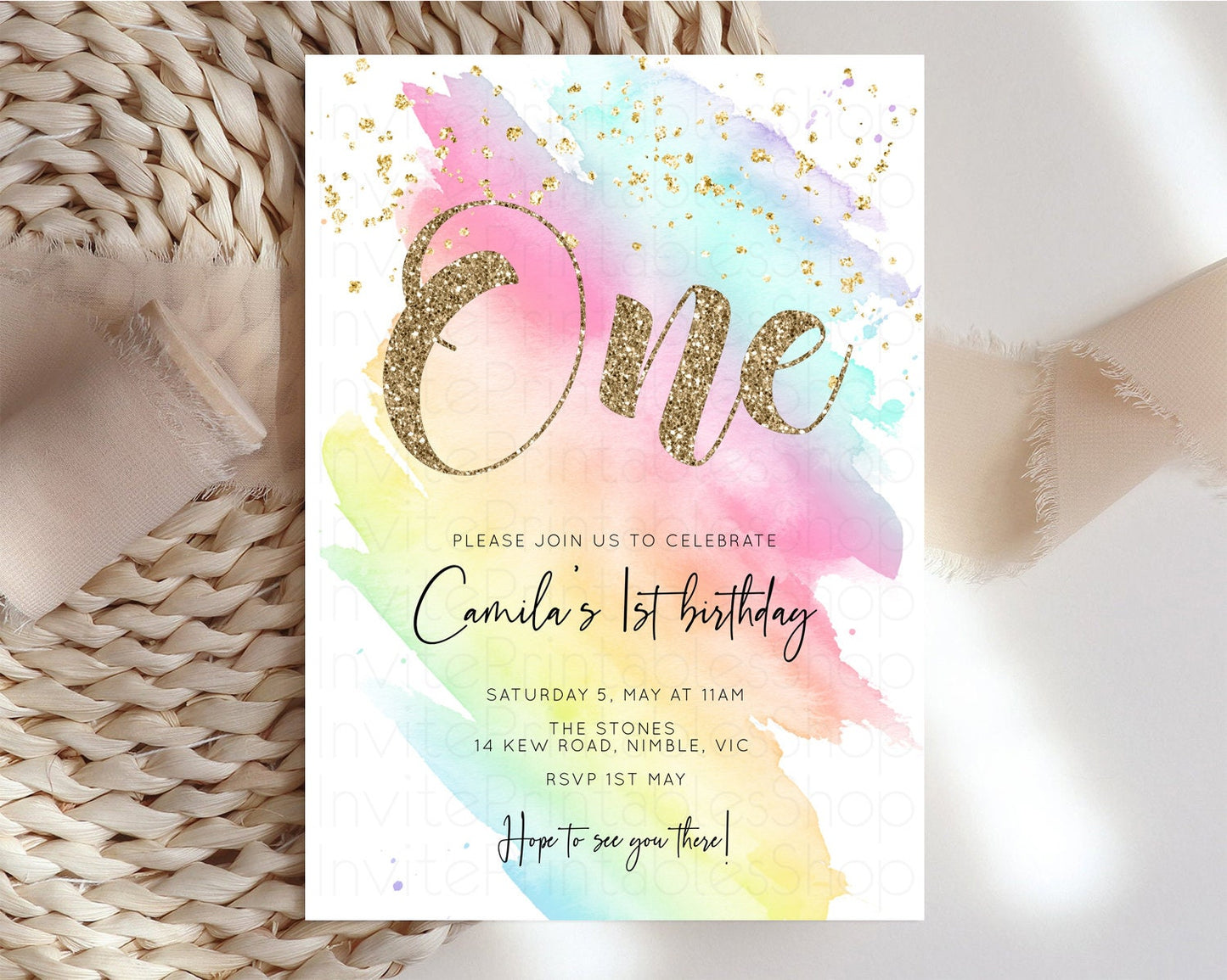 Rainbow Birthday Invitation Pastel Rainbow Birthday Invitation Ombre Watercolor Invite Colorful Splash Glitter Sprinkles 1st 2nd 3rd T518