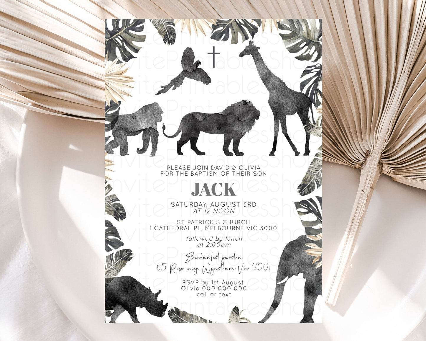 Safari Baptism Invitation Safari Adventure Baptism Birthday Invitation Lion Gorilla Elephant Rhino Tropical Palm Jungle Adventure D10865