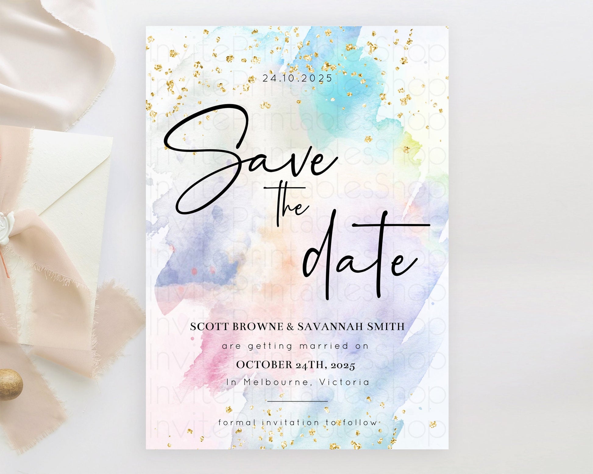 Editable Pastel Save The Date Template Pastel Ombre Rainbow Watercolor Color