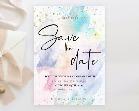 Editable Pastel Save The Date Template Pastel Ombre Rainbow Watercolor Color