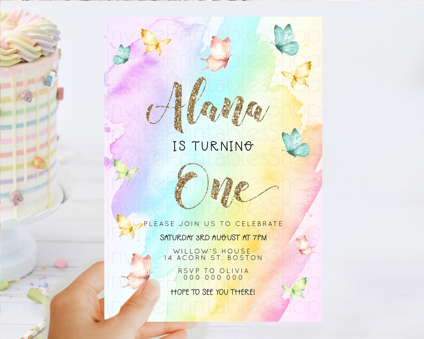 Pastel Butterfly Birthday Invitation Butterfly Birthday Invitation Colorful Splash Glitter Butterfly Garden 1st 2nd Birthday D23239