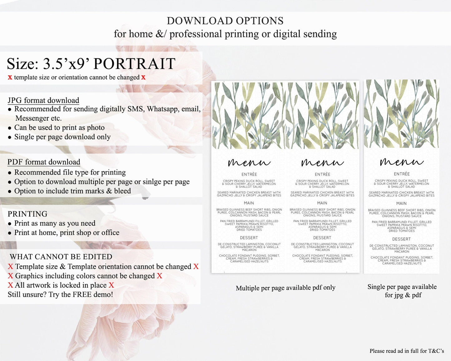 Leafy Menu Green Leaf Menu Template Eucalyptus Fern Leaves Decor Watercolor Boho Garden Leaf Branch Dinner Dessert Party Food Menu D11060