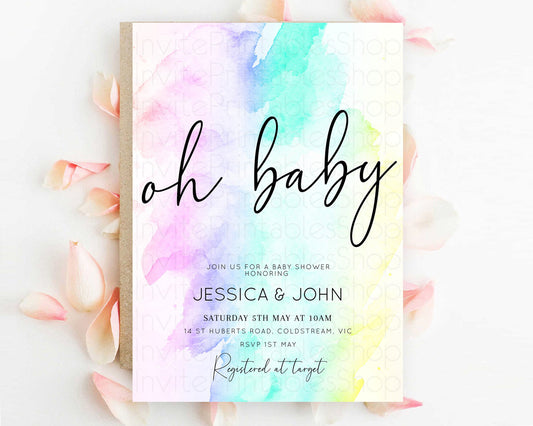 Editable Pastel Rainbow Baby Shower Invitation With Gold Glitter Sprinkles,