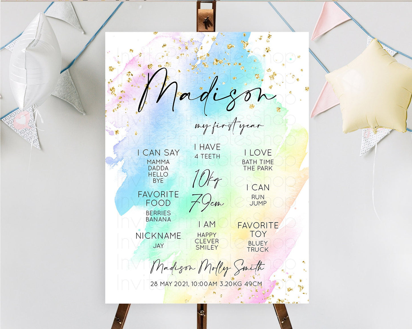 Pastel First Birthday Milestone Board Pastel Rainbow Milestone Poster Colorful Confetti Watercolor Glitter 1st Birthday Welcome Sign D10640