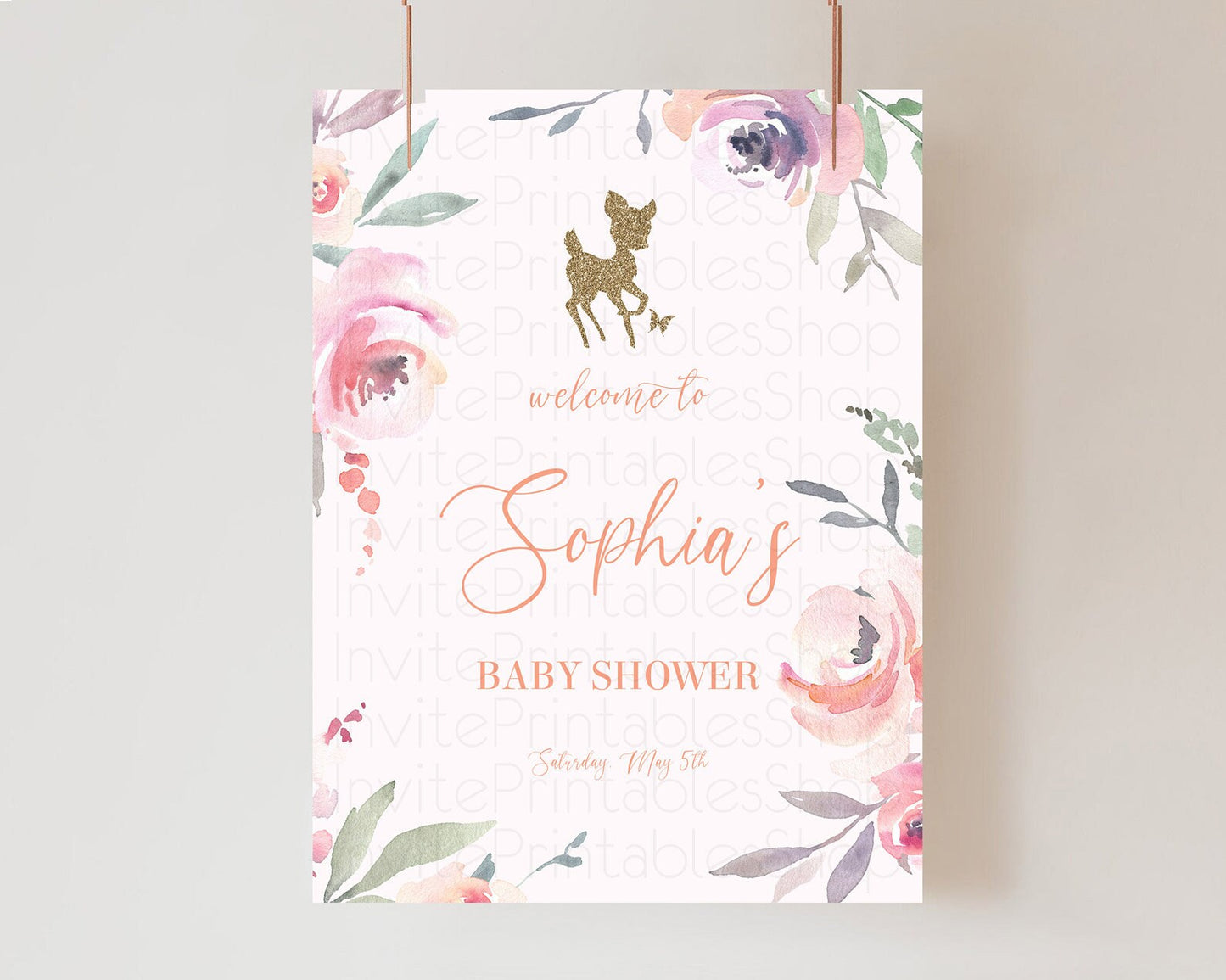 Fawn Baby Shower Welcome Sign Deer Welcome Board Floral Deer Welcome Poster Enchanted Forest Butterfly Pastel Floral Welcome Sign D10196