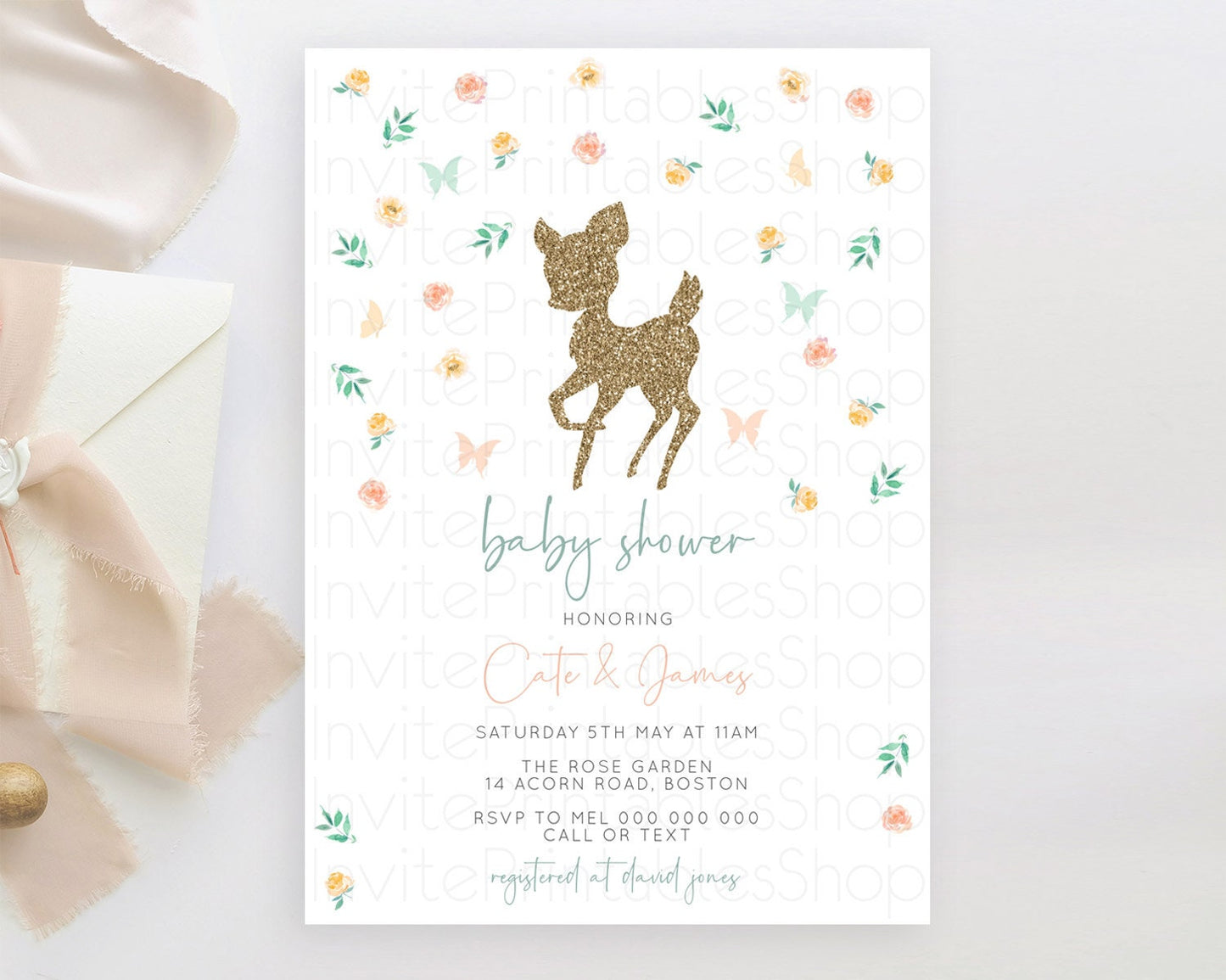 Fawn Baby Shower Invitation: Enchanted Forest, Secret Garden, Glitter, Deer, Butterfly, Pastel Flowers, Whimsical Floral Orange Green D10355