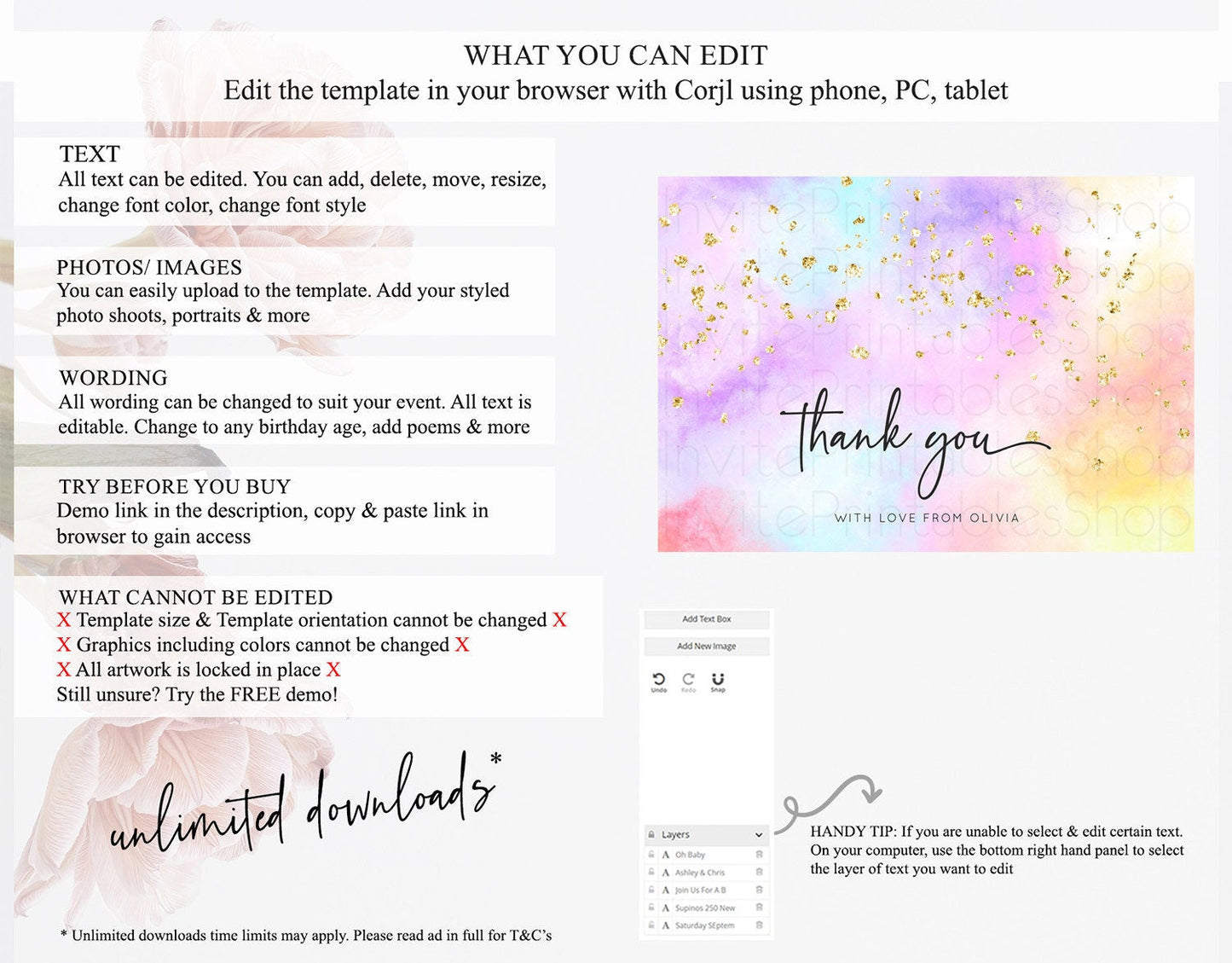 Pastel Thank You Rainbow Thank You Card Colorful Pastel Birthday Thank You Card Confetti Watercolor Pastel Teacher Thank You Cards D10437