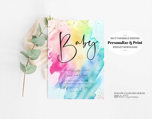 Rainbow Baby Shower Invitation Watercolor Pastel Invitation Colorful Splash Baby Invite Gold Glitter Sprinkles Ombre Gender Reveal